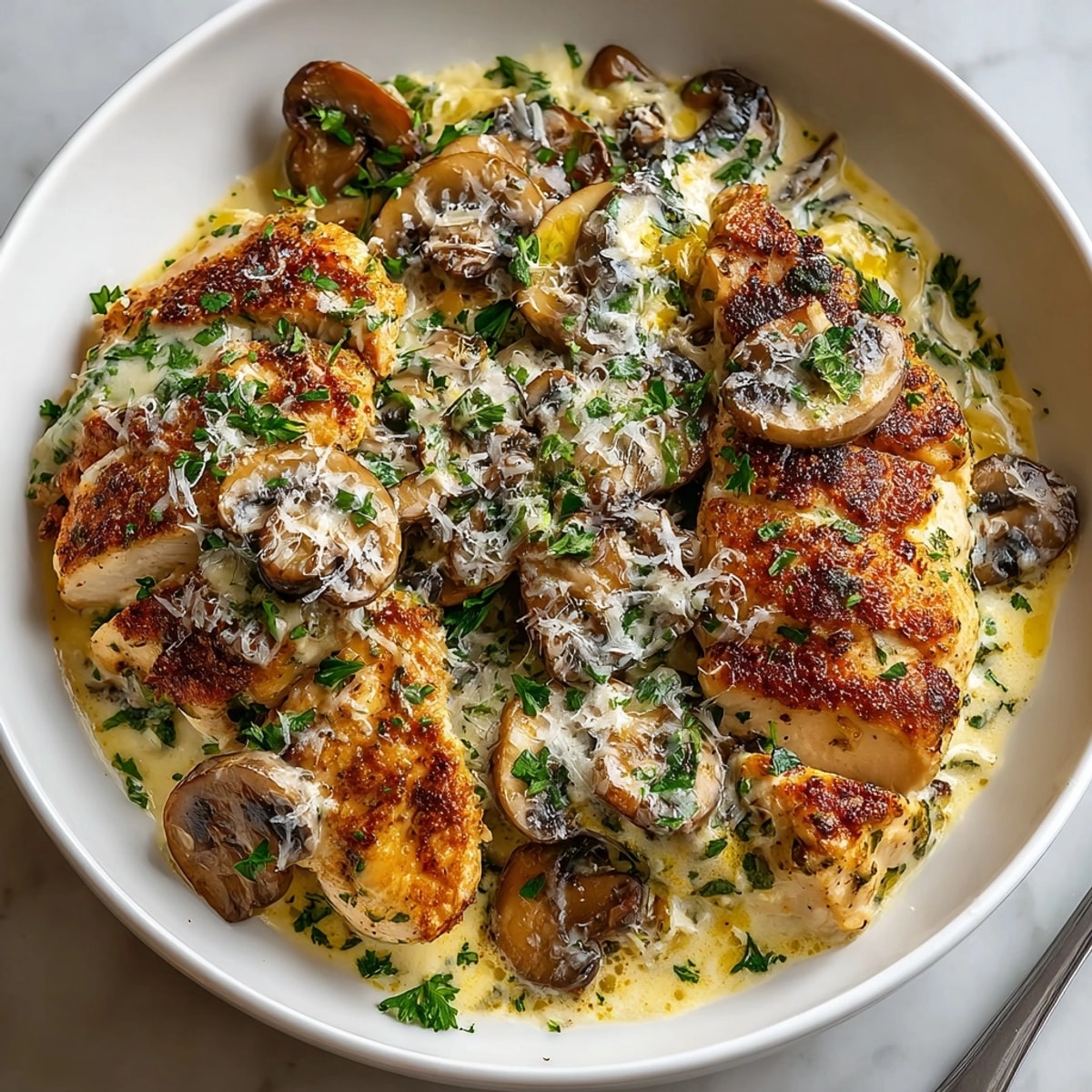 Juicy chicken breasts nestled in a skillet with creamy garlic mushroom sauce, ready to enjoy.