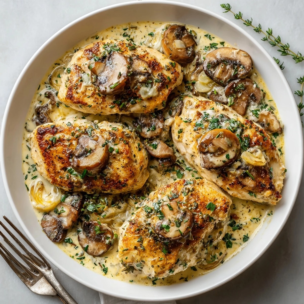 Golden seared chicken in a creamy garlic mushroom skillet, garnished with herbs for a comforting meal.