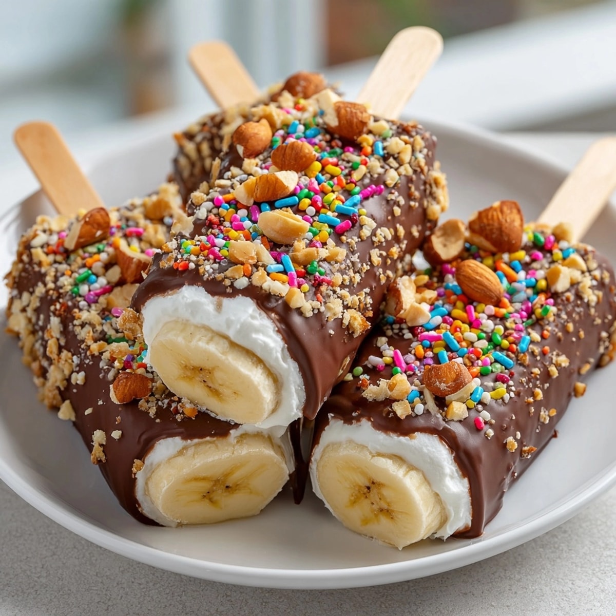 Chocolate-Dipped Peanut Butter Banana Pops lined up on a tray, frozen and ready to enjoy.