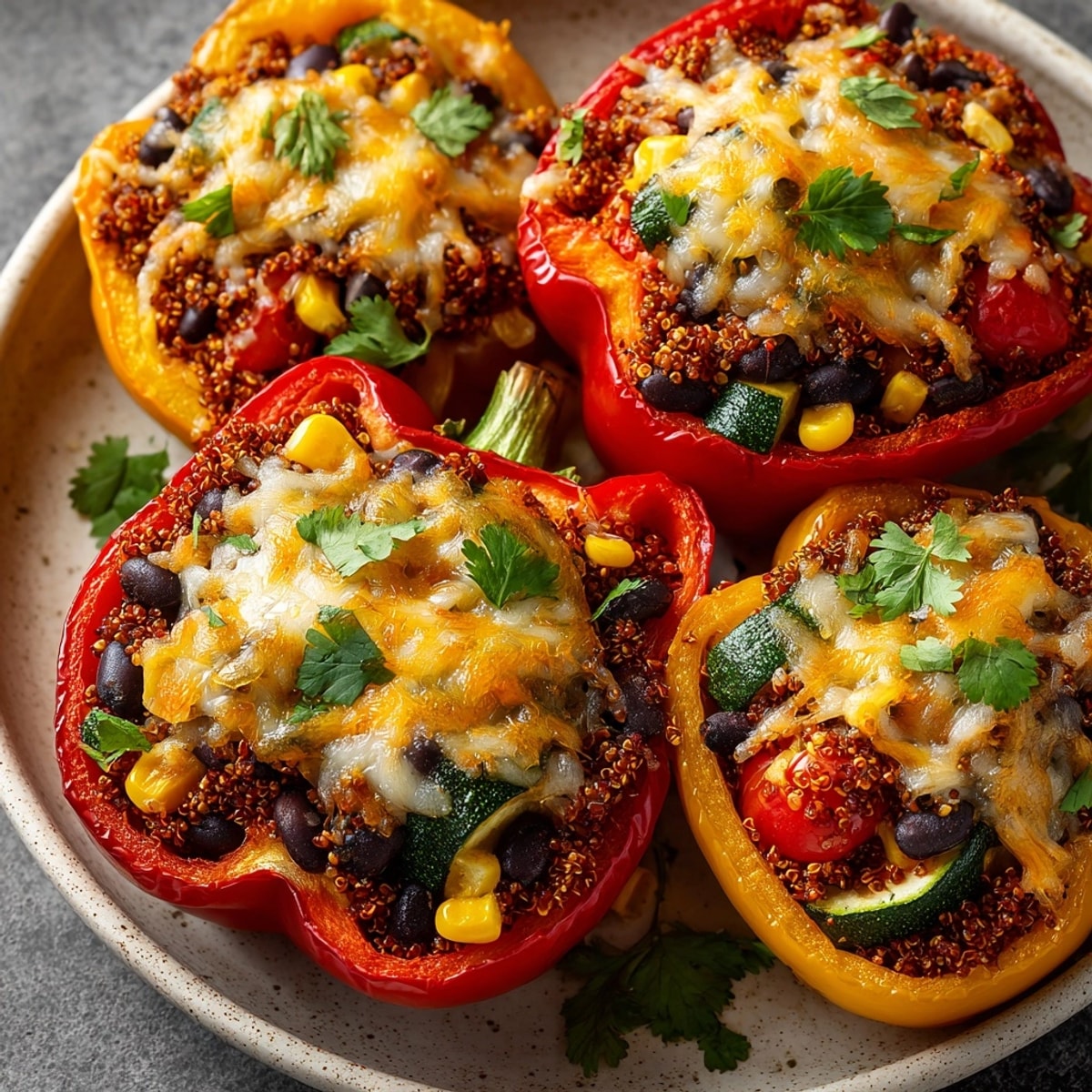 Protein-Rich Quinoa Stuffed Peppers topped with golden, bubbly cheese fresh from the oven