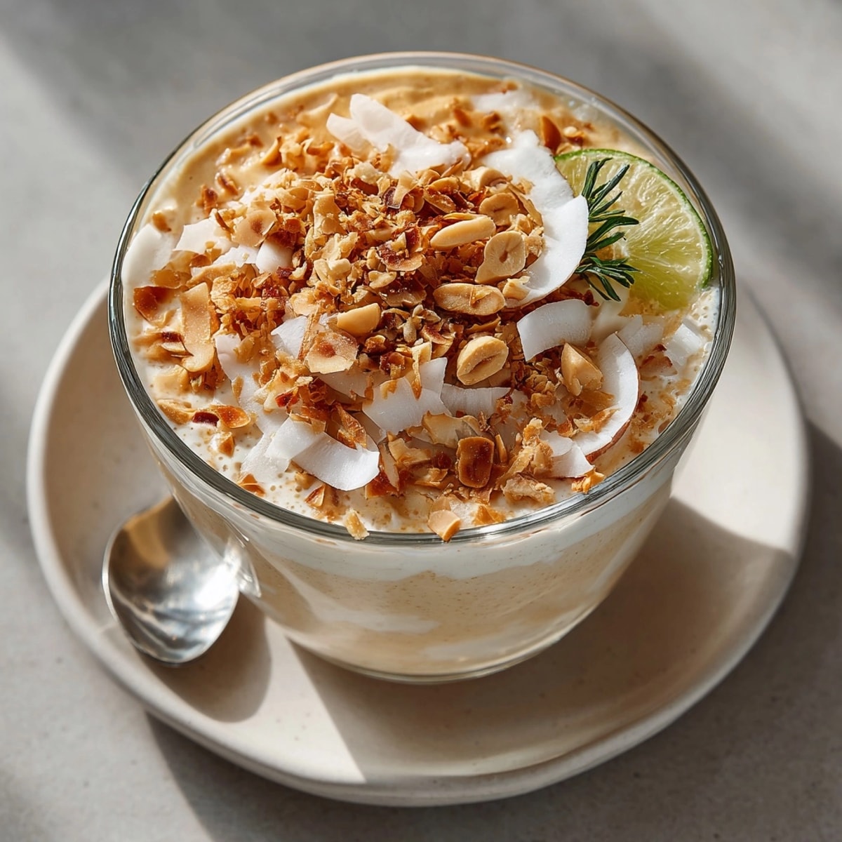 Refreshing Thai Coconut Peanut Butter Smoothie in a tall glass topped with toasted coconut flakes.