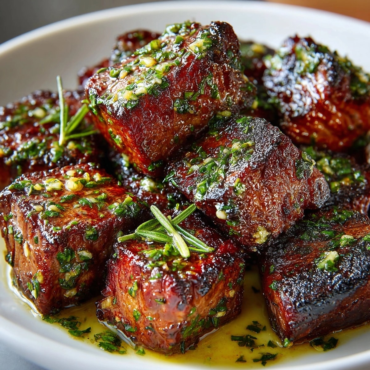Garlic Herb Butter Steak Bites sizzling in a skillet, glistening with melted butter and fresh herbs