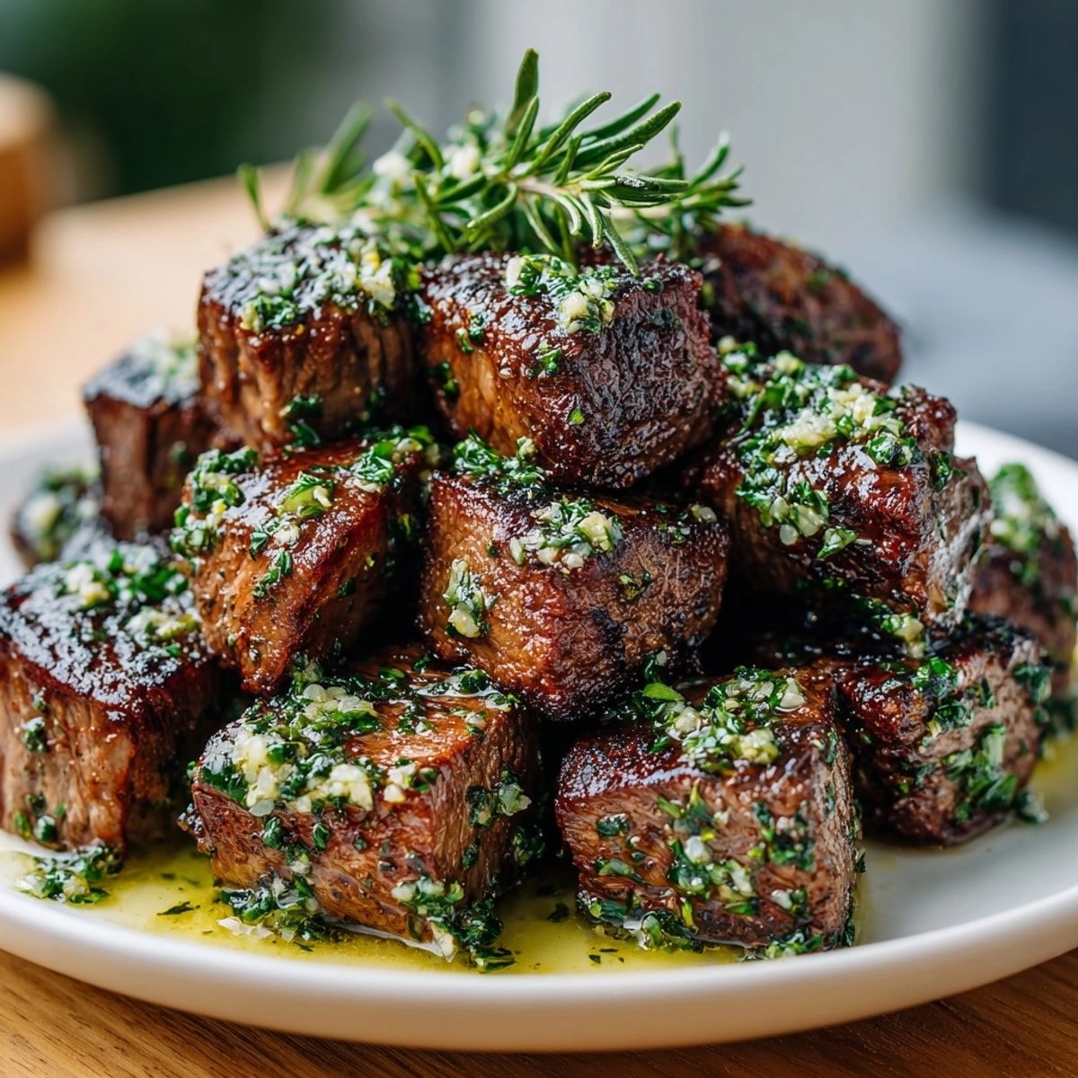 Tender Garlic Herb Butter Steak Bites served hot, juicy and golden brown, garnished with parsley