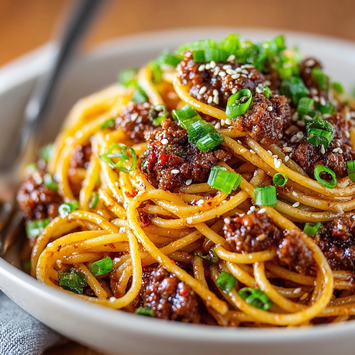 Spicy Honey Garlic Beef Spaghetti tossed with green onions and sesame seeds, served hot and flavorful.