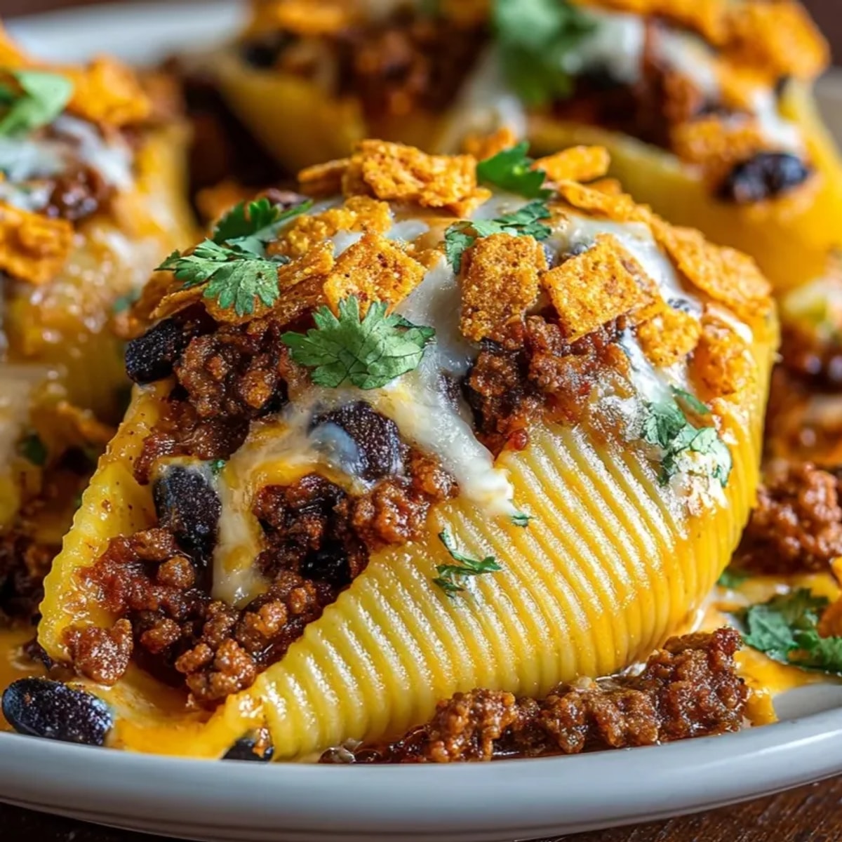 Tex-Mex Taco Stuffed Shells with Nacho Cheese Sauce bubbling in a casserole, topped with golden crushed Doritos.