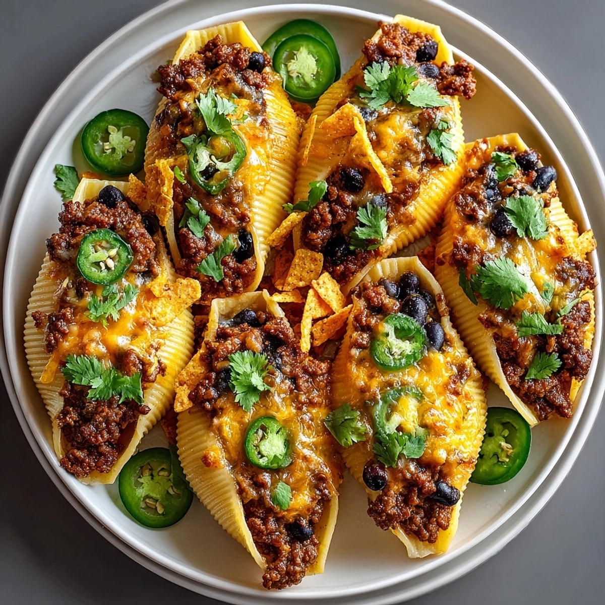 Tex-Mex Taco Stuffed Shells with Nacho Cheese Sauce served fresh from the oven, shells generously smothered and steaming.