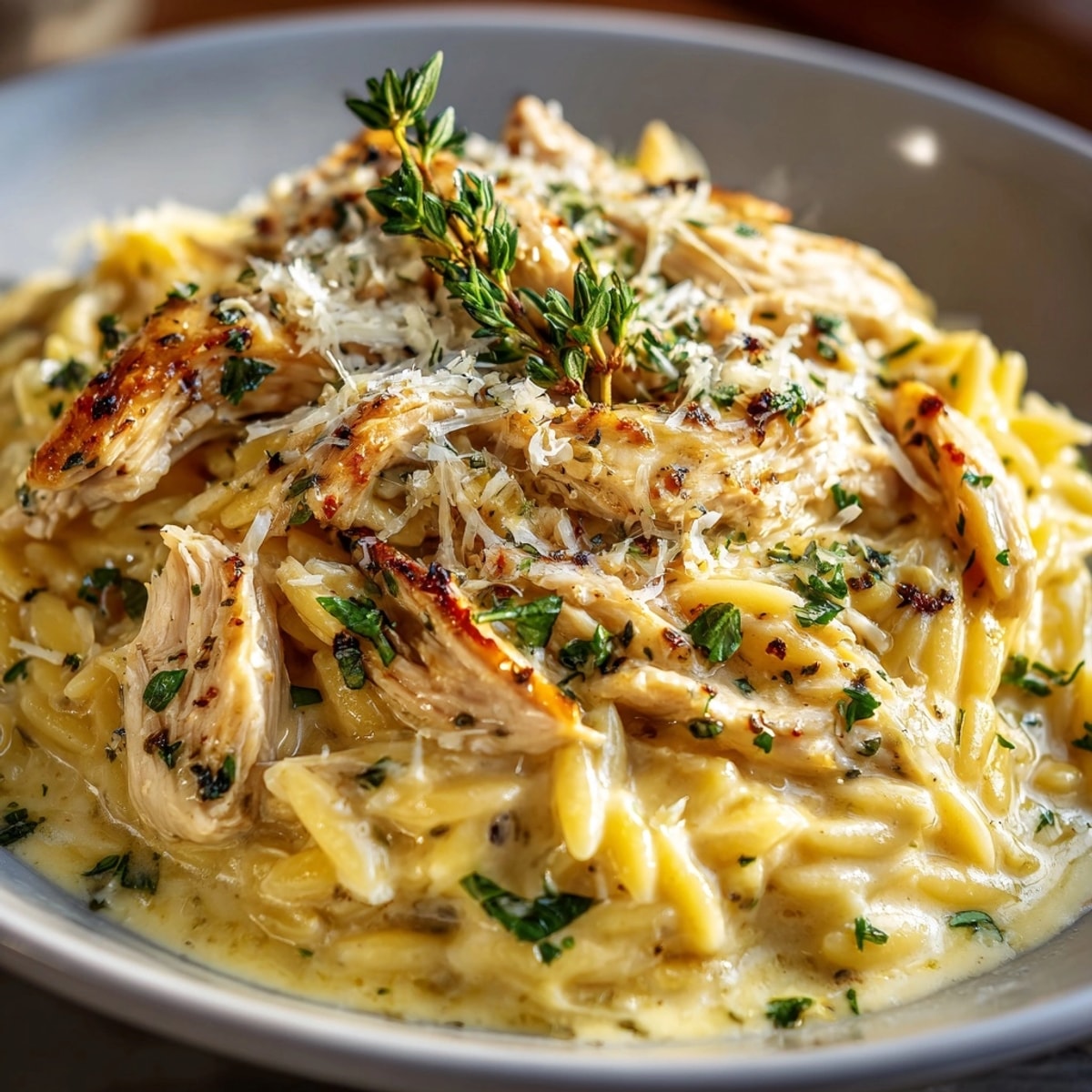 Creamy Lemon Herb Chicken Orzo in a skillet, silky pasta swirled with fresh herbs and zest.
