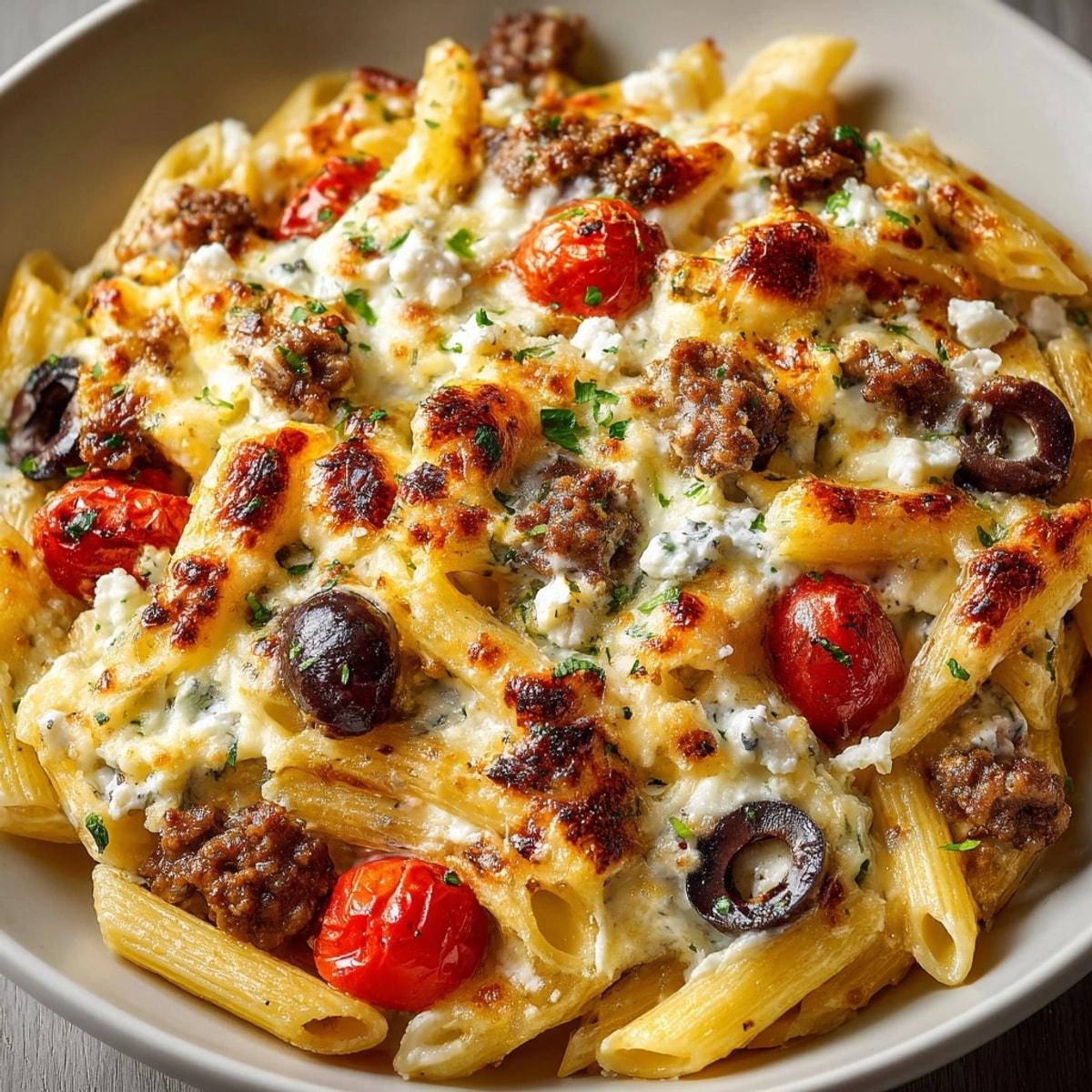 One-pot Greek gyro pasta bake with golden cheese crust, baked lamb, tomatoes, and creamy tzatziki sauce.