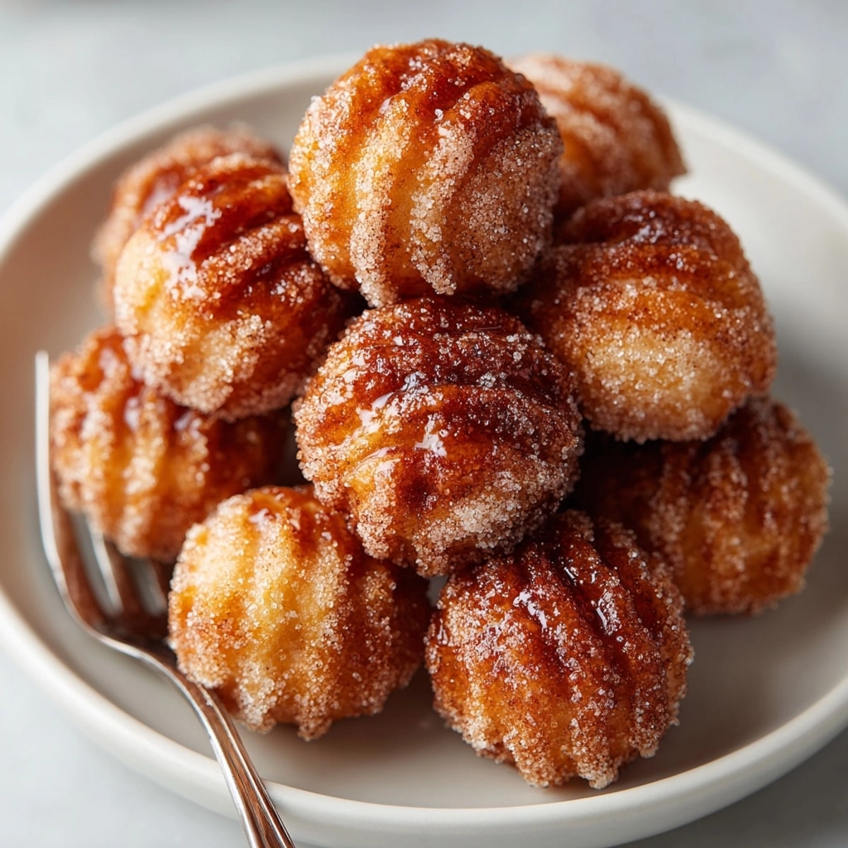 Golden sweet air fryer churro bites tossed in cinnamon sugar, freshly made and ready to serve.