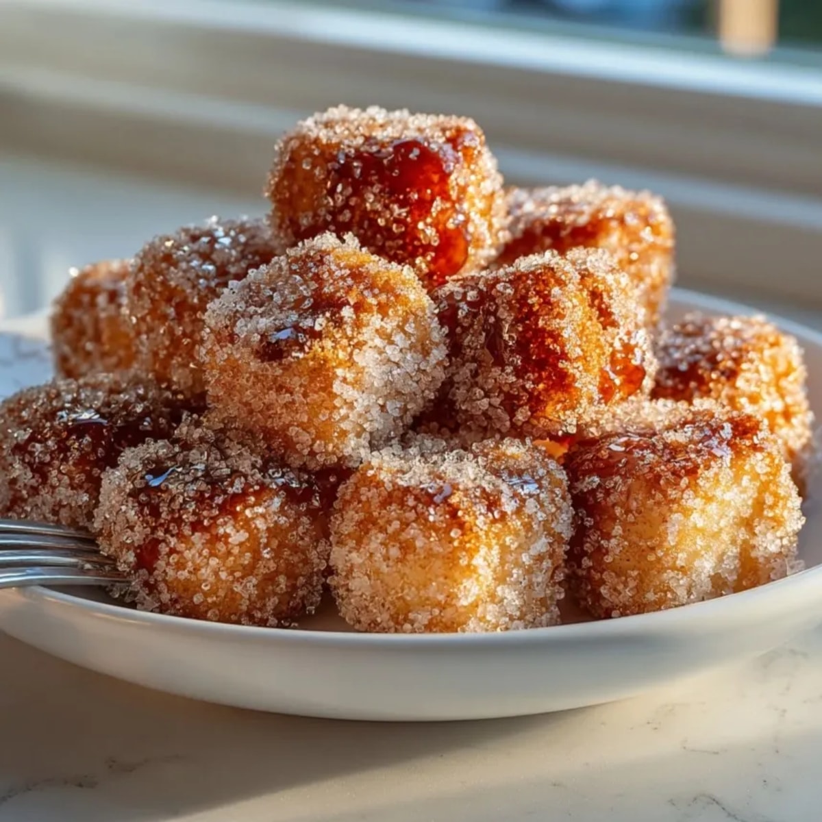 Crispy air fryer churro bites coated in buttery cinnamon sugar, perfect for dessert lovers.