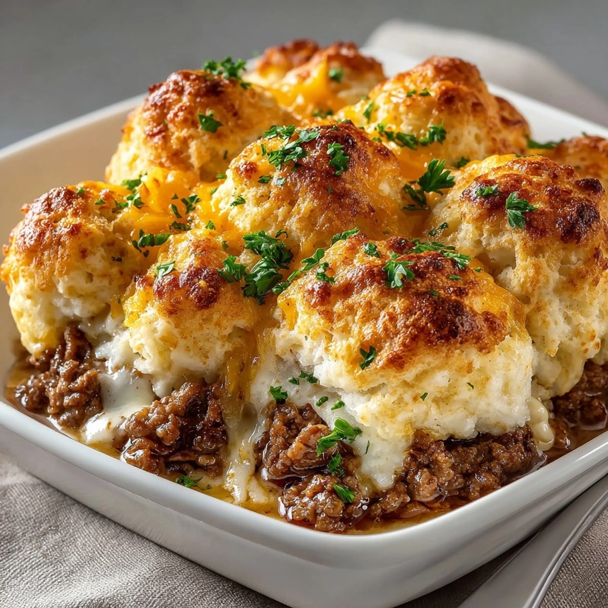 Cheddar Bay Ground Beef Cobbler fresh from the oven with golden biscuit topping and melted cheese.