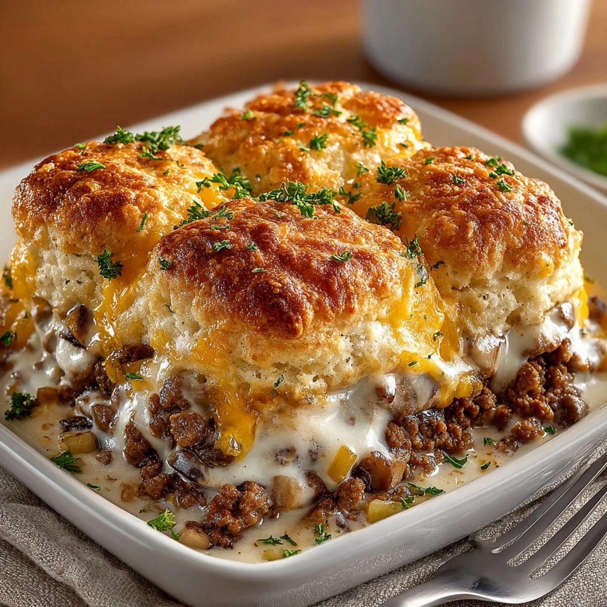 Hearty Cheddar Bay Ground Beef Cobbler casserole served hot, featuring creamy filling and buttery biscuits.
