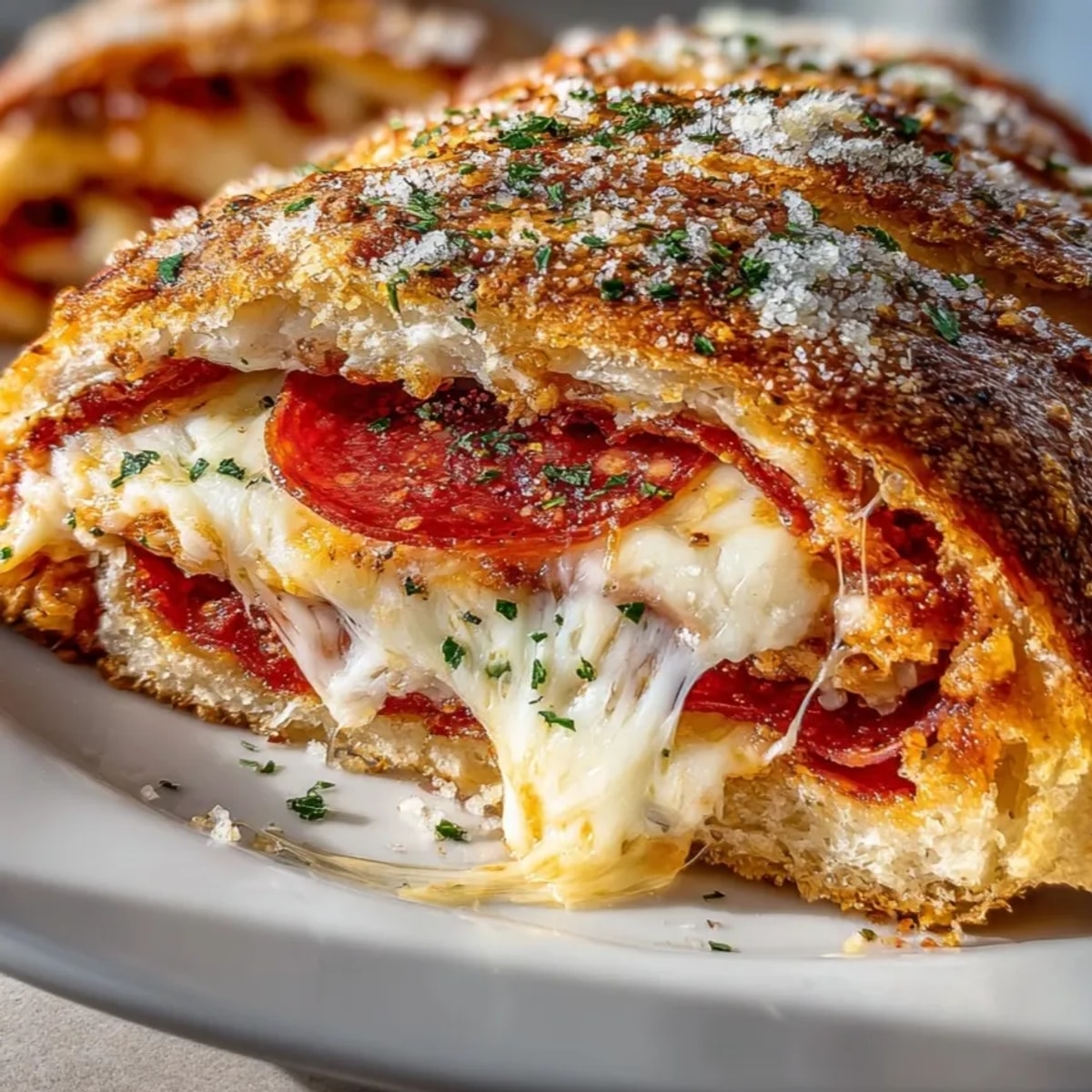 Cheesy Pepperoni Stromboli golden-baked and sliced, with gooey cheese and sizzling pepperoni inside.