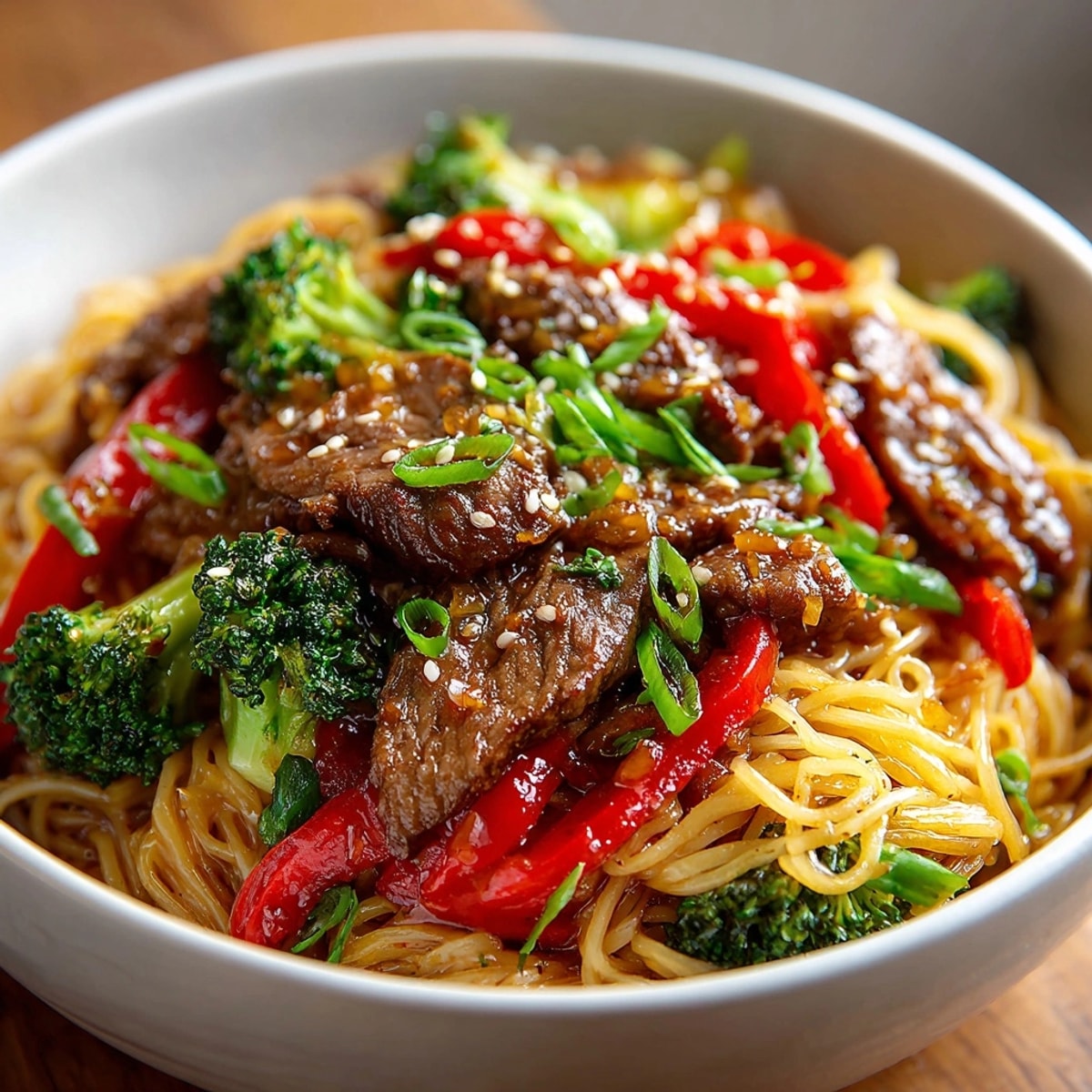 Sticky Beef Noodles served in bowls with glossy sauce, tender beef, and fresh vegetables.