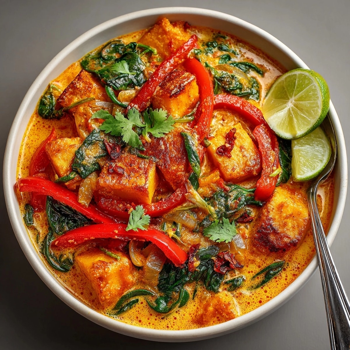 Creamy Vegan Pumpkin Curry with bell peppers, served with vibrant cilantro and a lime wedge.