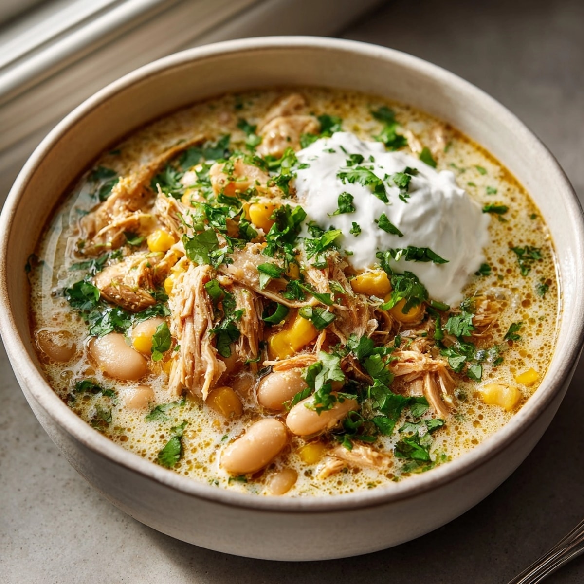 Creamy Ghostly White Chicken Chili with shredded chicken, beans, and melted cheese on top.