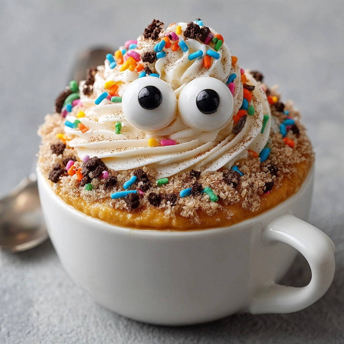 Creamy, decadent Fluffy Pumpkin Spice “Monster” Dip, festively decorated with candy eyes and sprinkles.