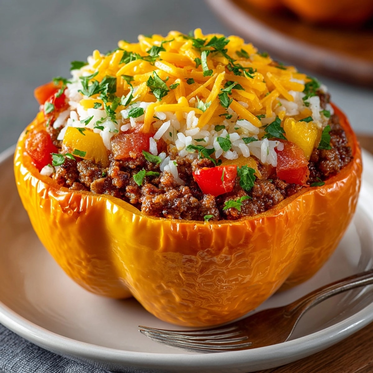 Savory Jack-o'-Lantern Stuffed Bell Peppers, a festive Halloween dinner, ready to bake.