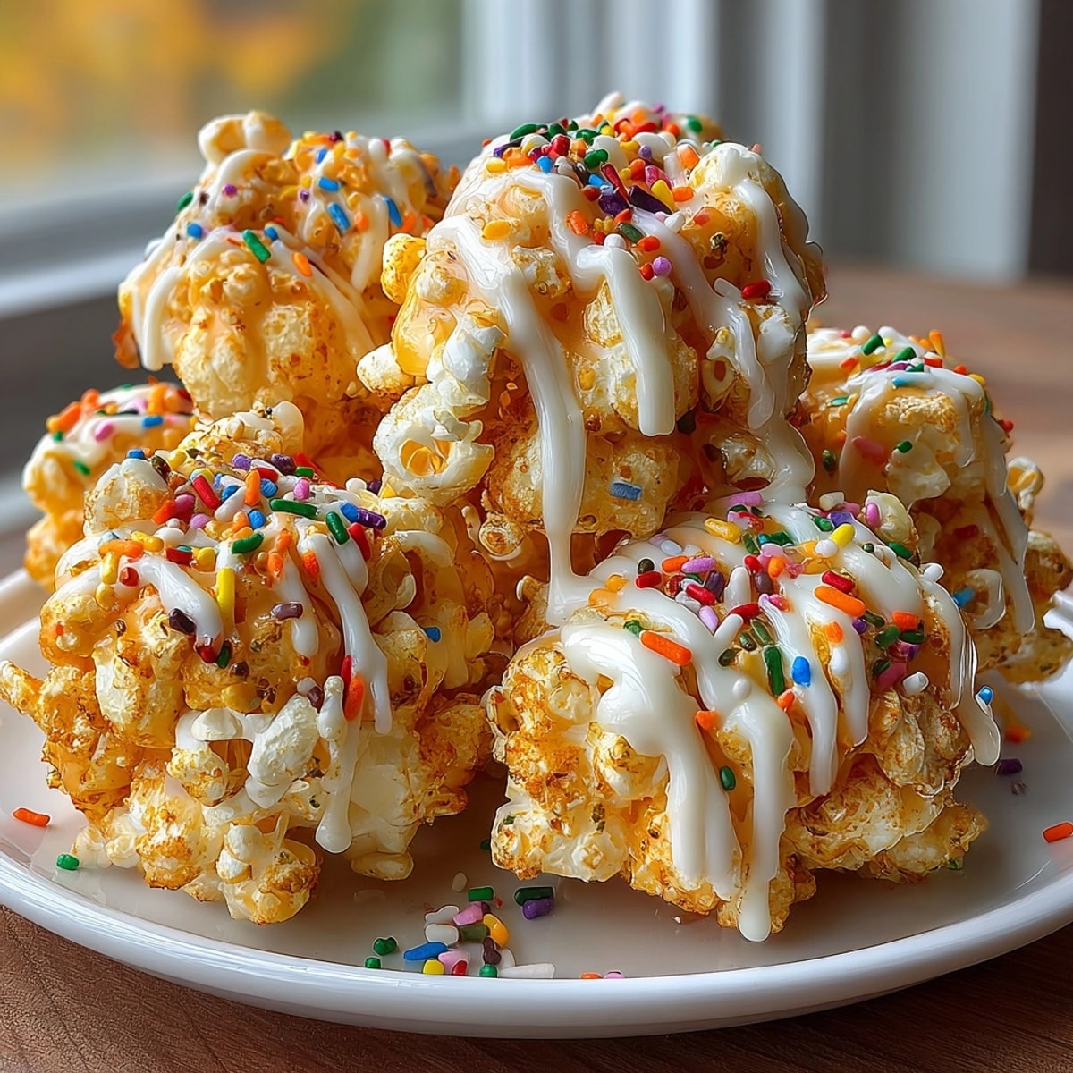 Golden Pumpkin Spice Popcorn with Candy Drizzle, a crisp, sweet treat for sharing.