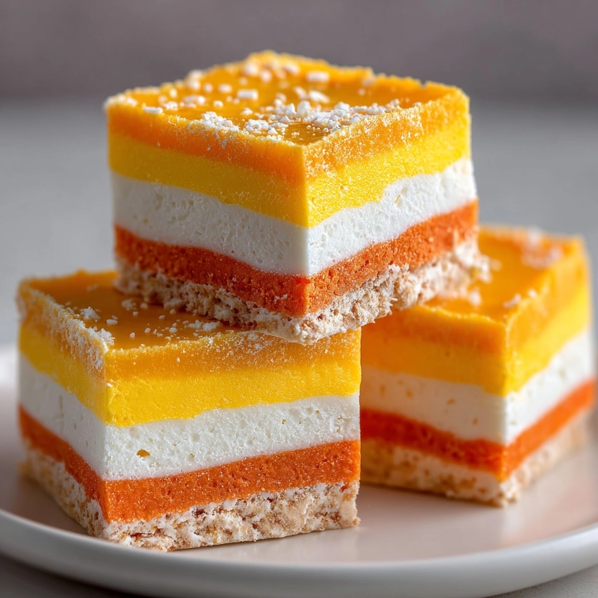 Creamy Candy Corn Fudge Layered Bites, a festive Halloween dessert cut into small triangles.