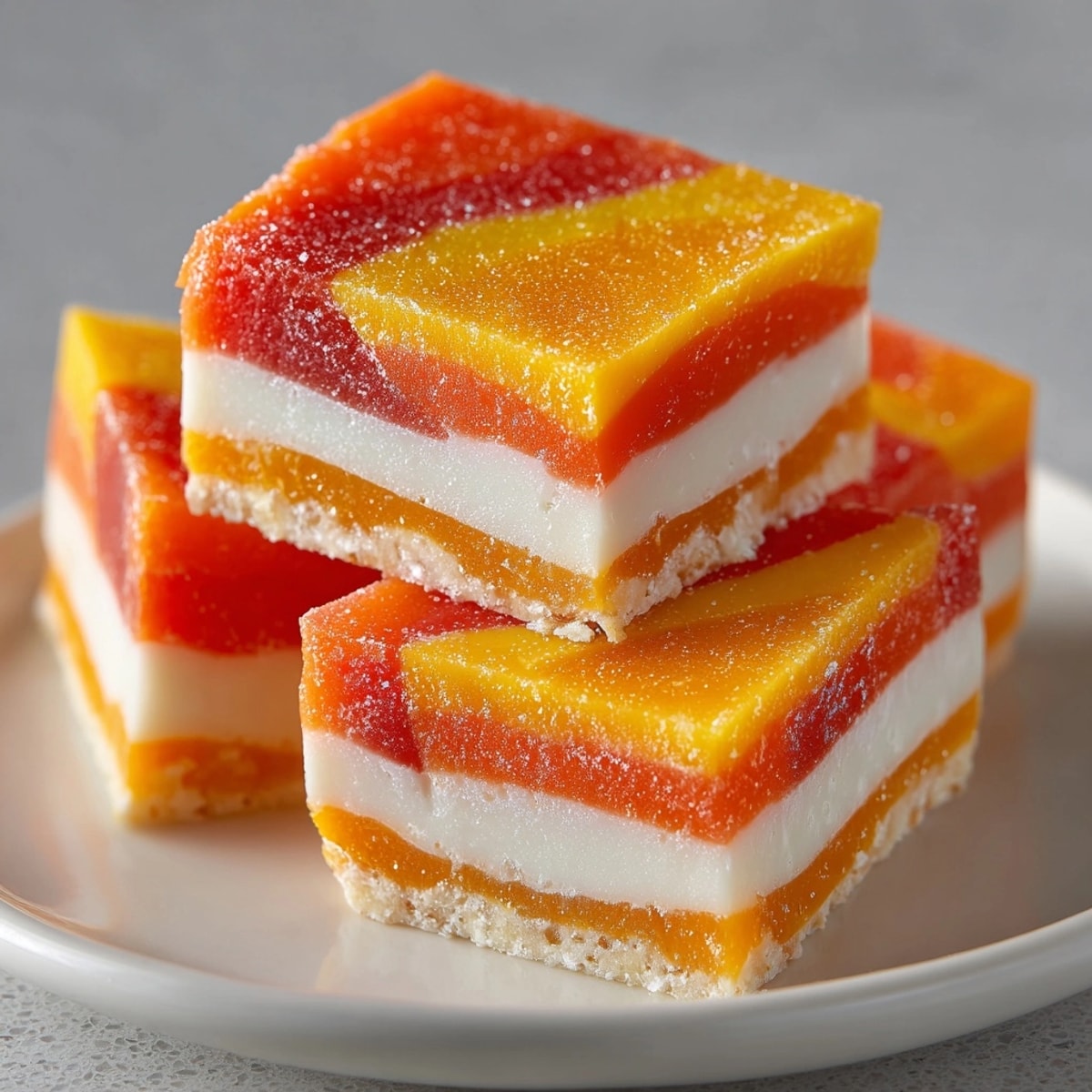Vibrant Candy Corn Fudge layered dessert: yellow, orange, and white, for an easy party treat.
