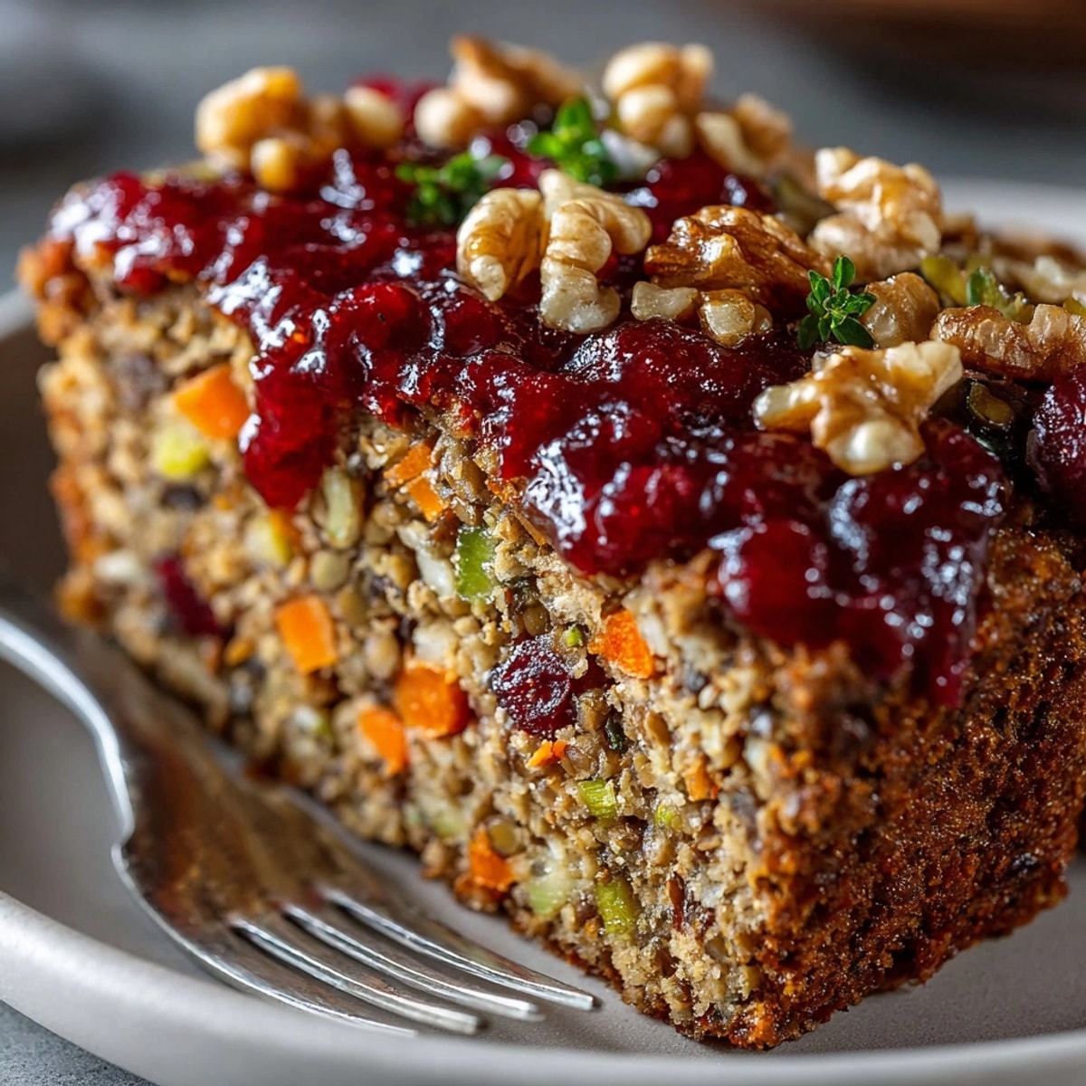 Golden Vegan Lentil Loaf with Cranberry Glaze, a hearty, savory holiday centerpiece.