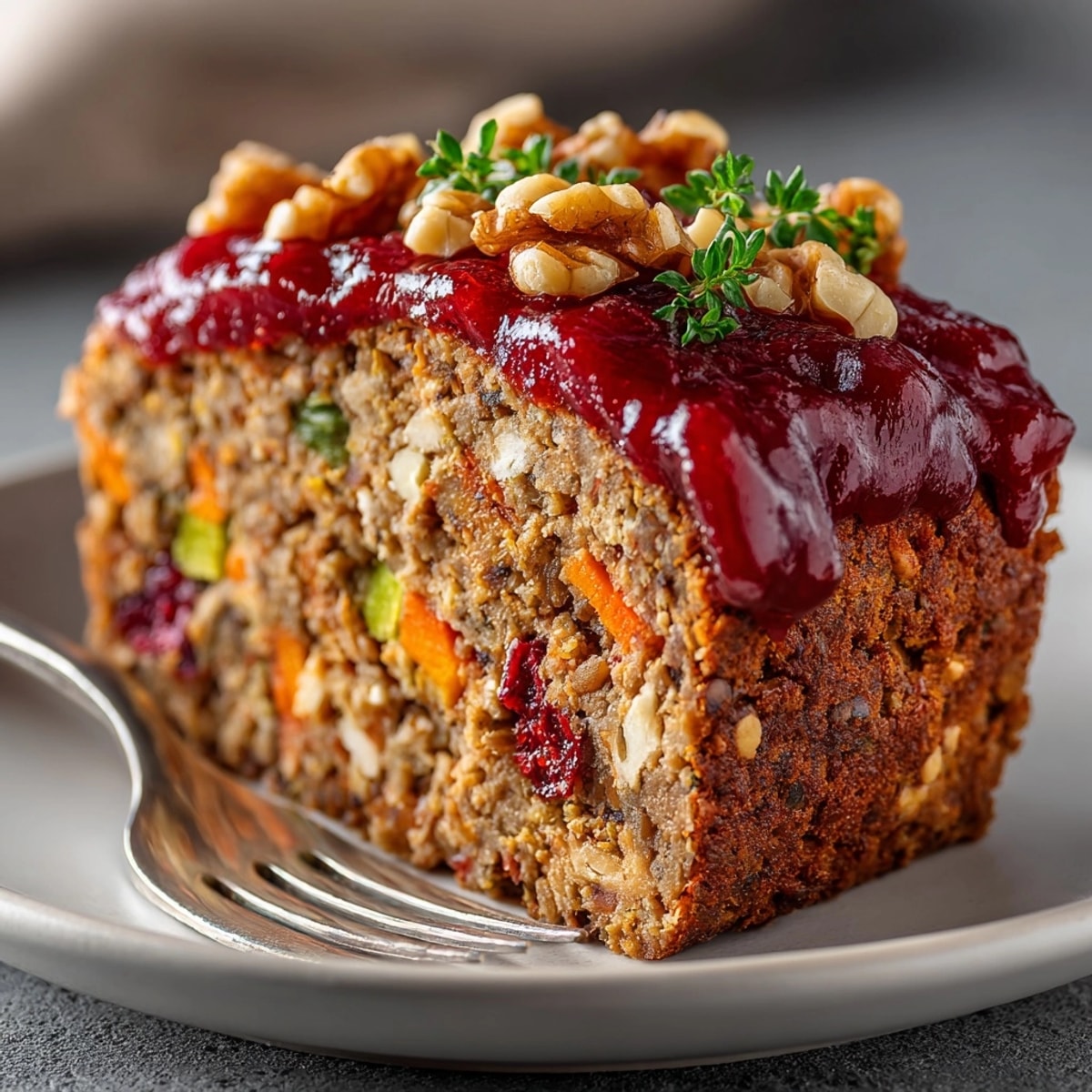 Close-up of sliced Vegan Lentil Loaf with Cranberry Glaze, steam rising, a comforting vegan meal.