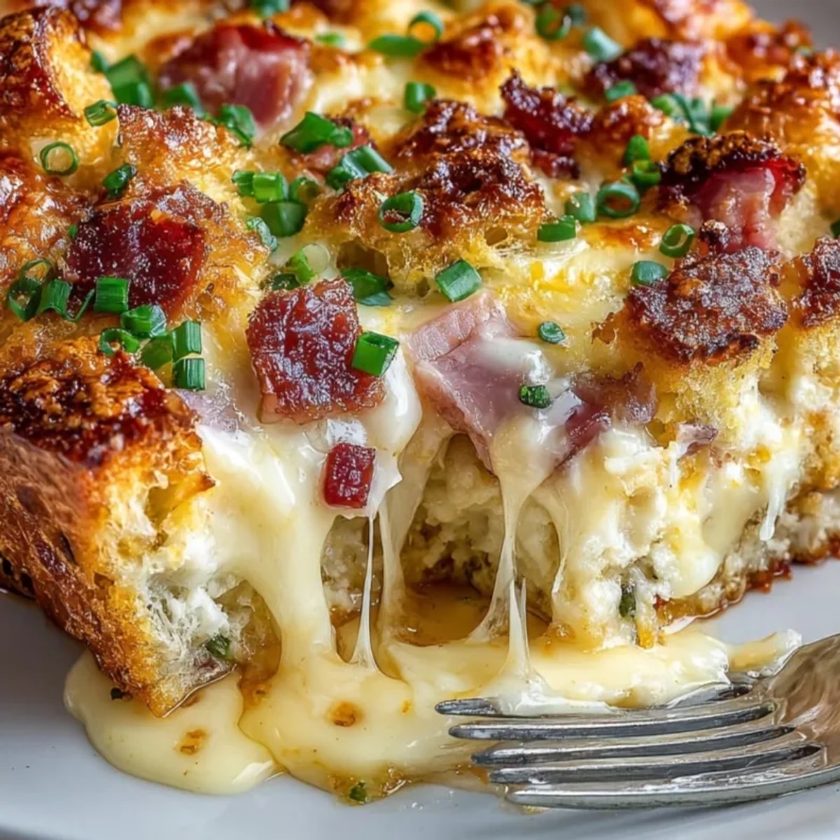 Golden Ham & Cheese Croissant Breakfast Casserole, fresh from the oven; bubbly, cheesy top.