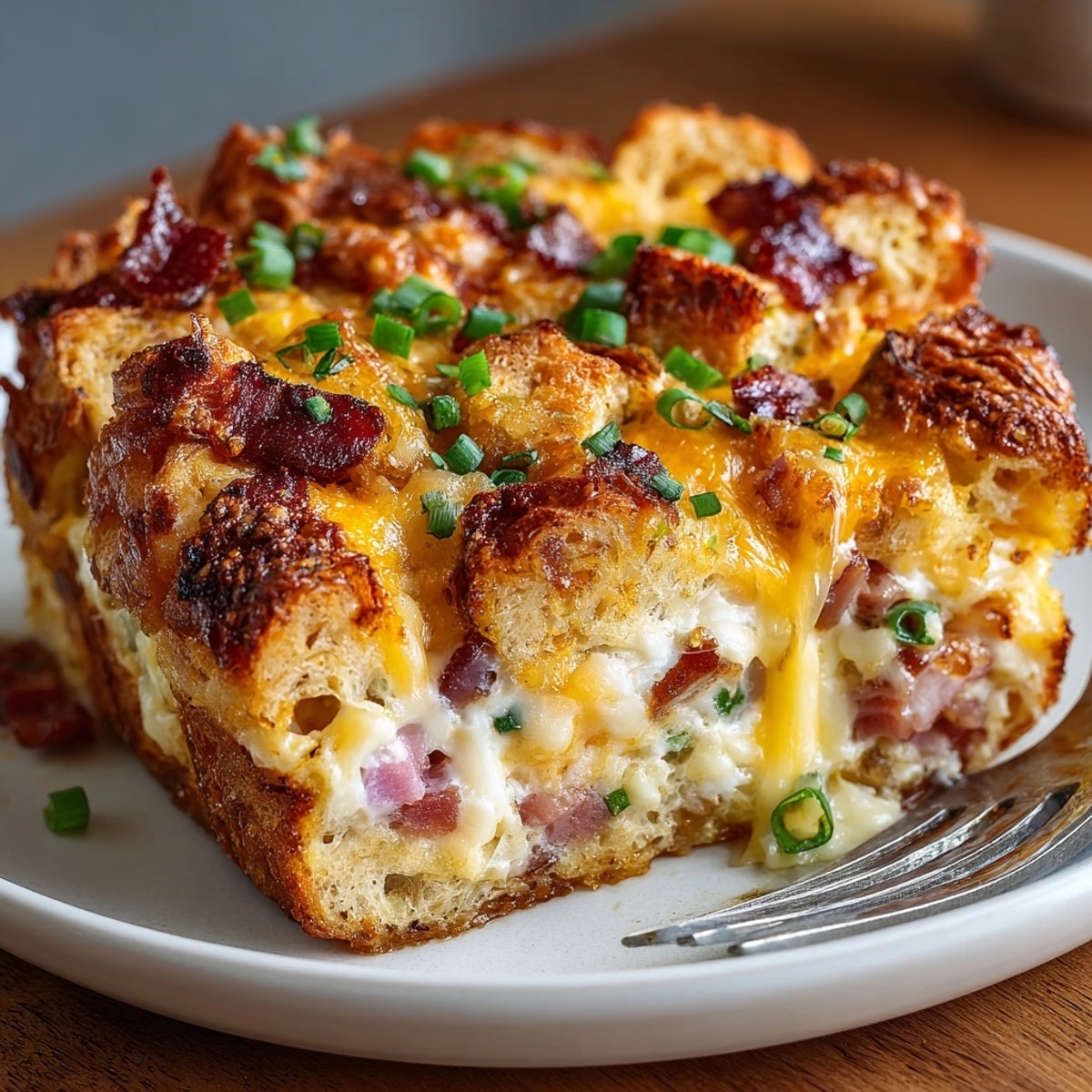 Baked Ham &amp; Cheese Croissant Breakfast Casserole in a dish, sprinkled with green onions.