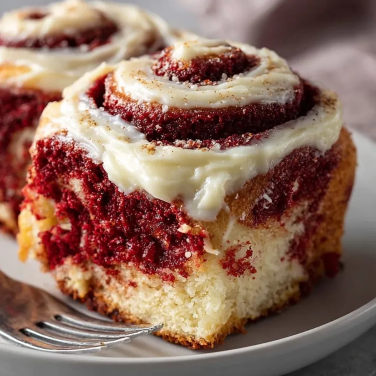 Warm Red Velvet Cinnamon Rolls, swirled with frosting, ready for a weekend brunch.