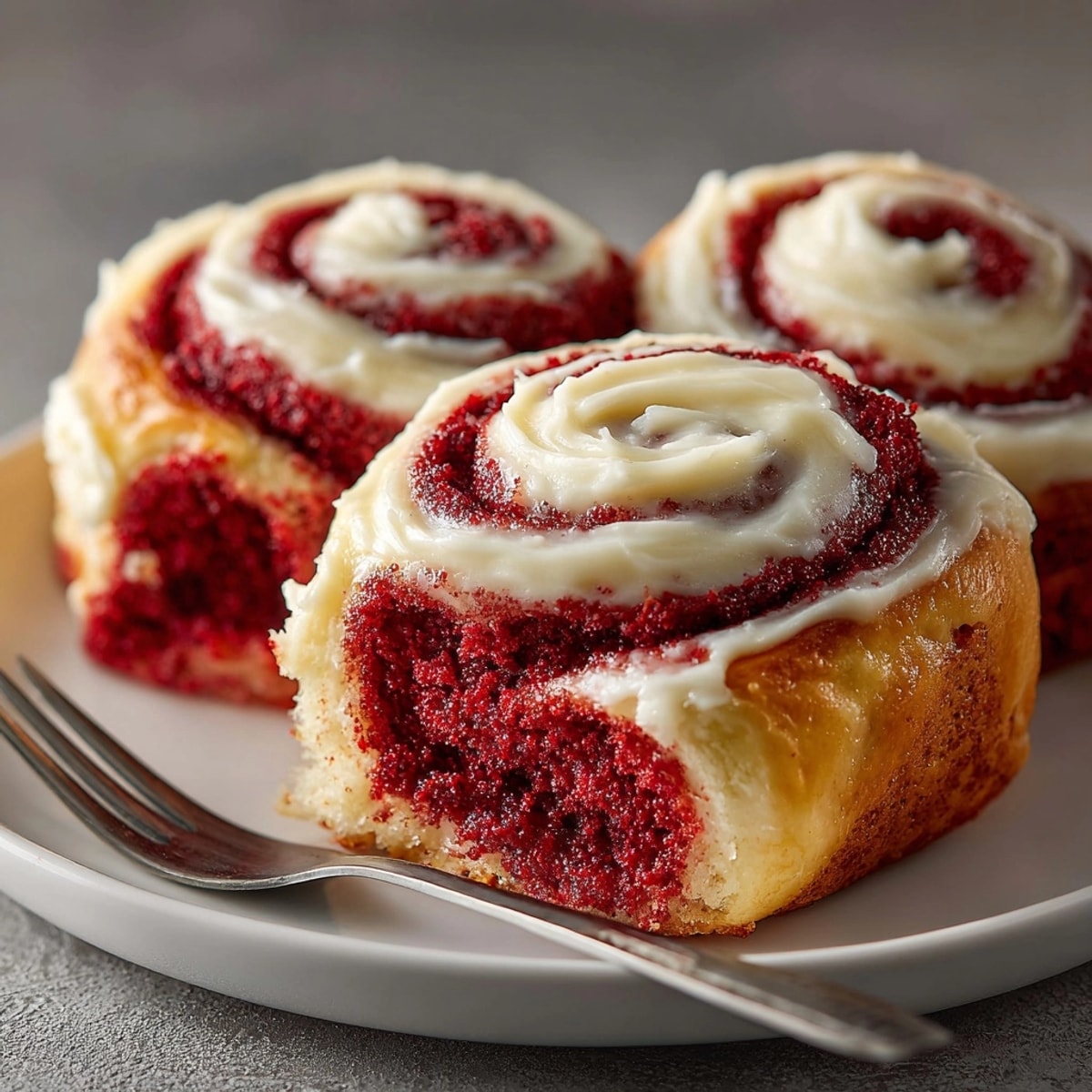 Close-up of freshly baked Red Velvet Cinnamon Rolls, glazed and sprinkled with more cheese.