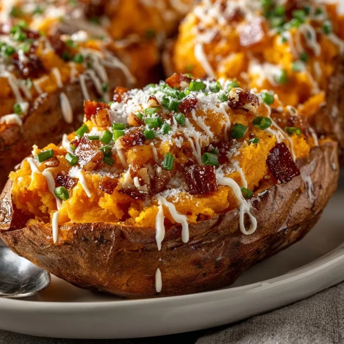 Golden Loaded Sweet Potato Skins, melting cheese and marshmallow drizzle glistening under bright light.