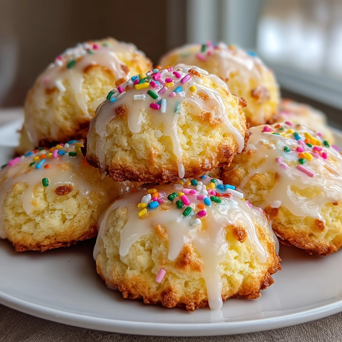 Close-up of glazed Italian Ricotta Christmas Cookies sprinkled, a festive, sweet holiday treat.
