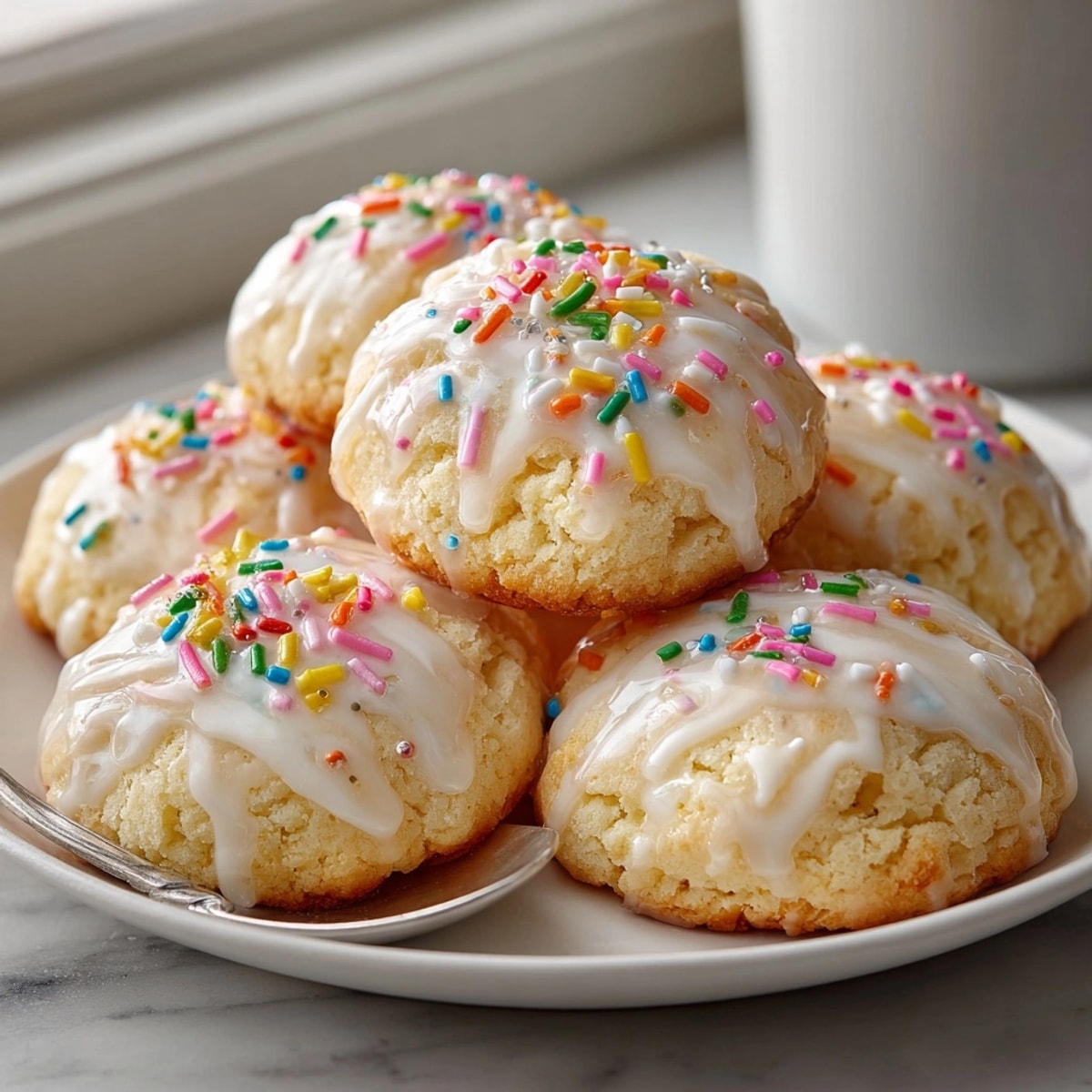 Golden-edged Italian Ricotta Christmas Cookies cooling on a rack before lemon glaze drizzle.