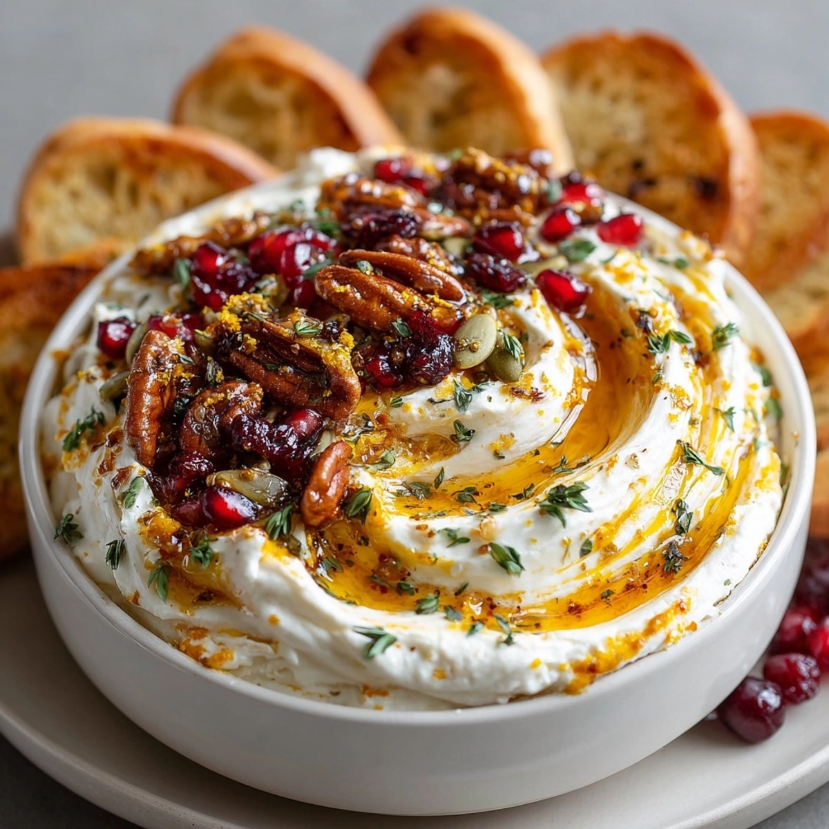 Whipped Butter Board with Pumpkin Spice, a creamy autumn delight topped with pecans and cranberries.