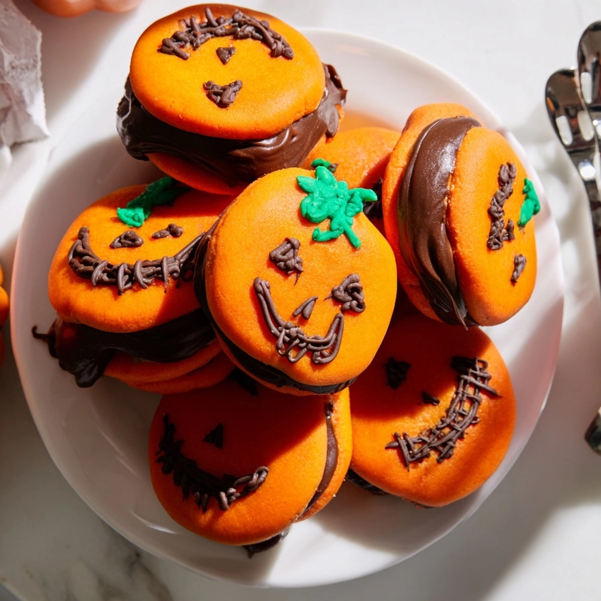 Golden Chocolate Stuffed Jack-O'-Lantern Cookies on a wire rack, waiting to be devoured.