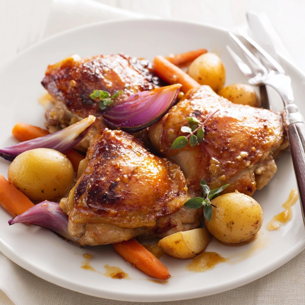 Golden Sheet Pan Hot Honey Mustard Chicken with roasted vegetables piled high.