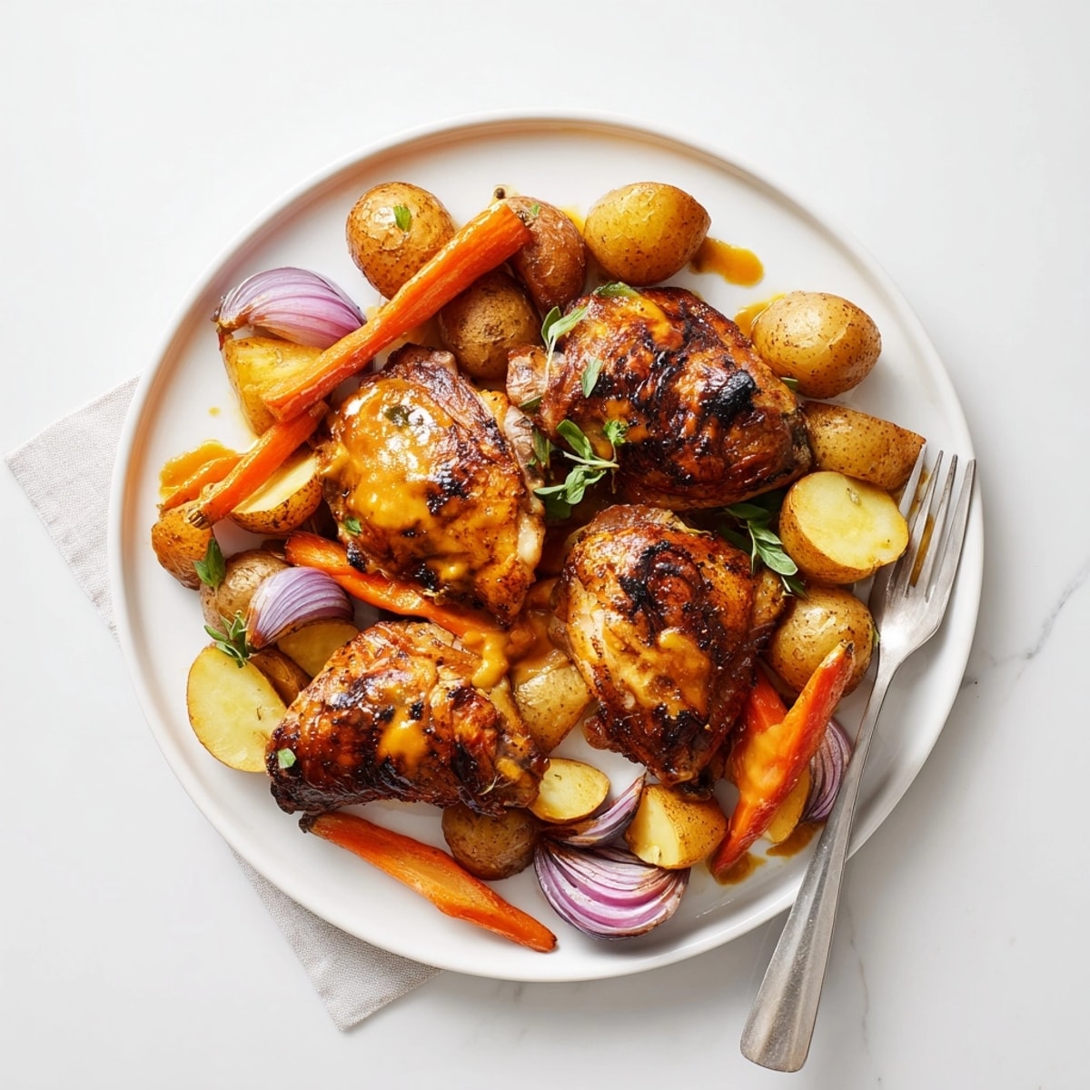 Savory Sheet Pan Hot Honey Mustard Chicken, a quick, easy dinner recipe idea.