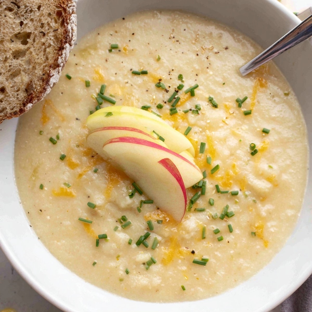 Creamy Brie and Cheddar Apple Beer Soup, golden-hued and garnished with fresh chives.