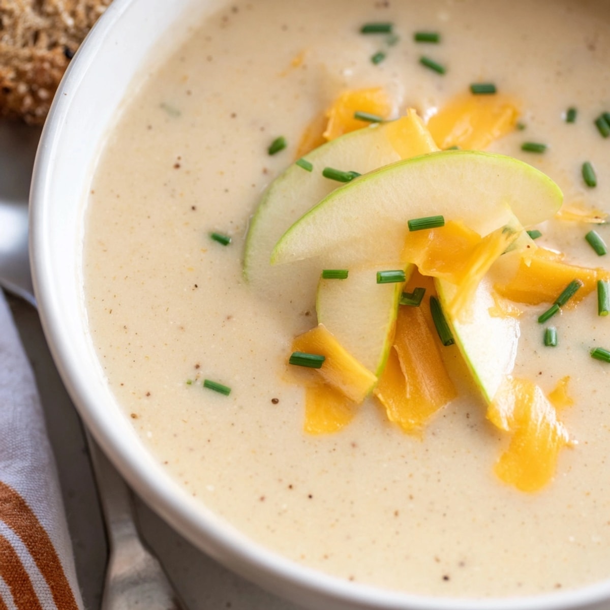 Hearty bowl of homemade Brie and Cheddar Apple Beer Soup, ready to be served.