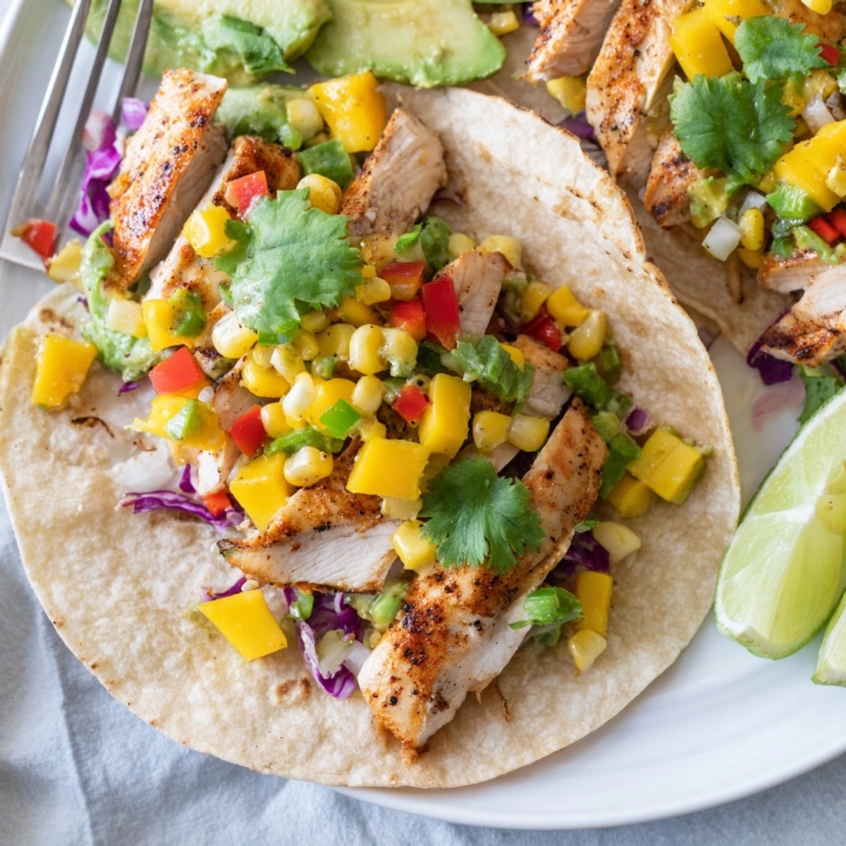 Vibrant Mango Corn Salsa Chicken Tacos are bursting with sweet, savory, grilled flavors.