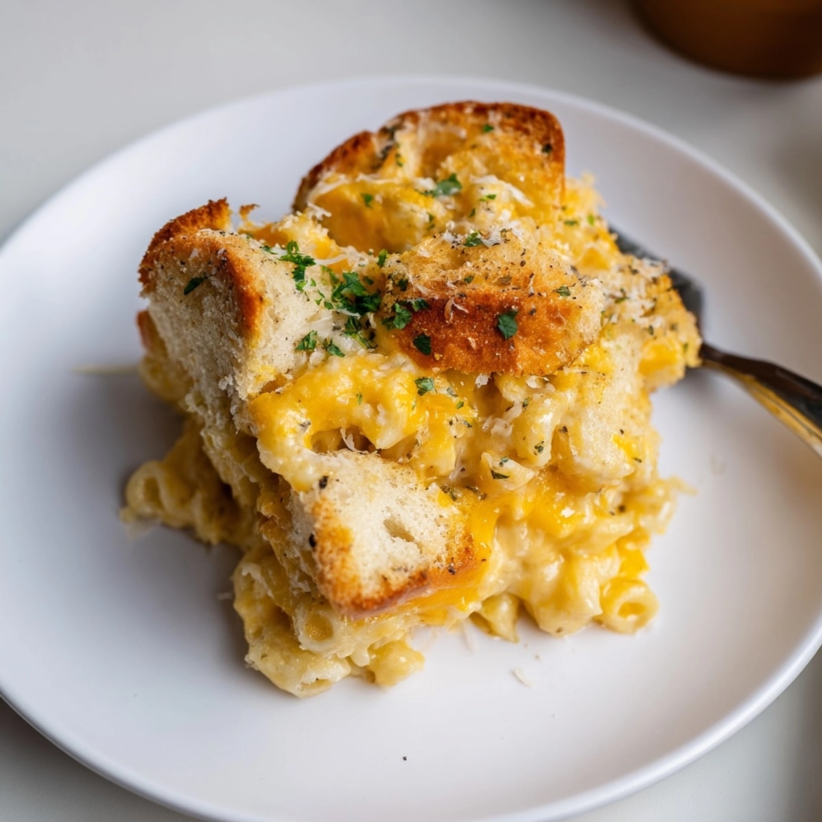 Golden, bubbly Mac and Cheese Sourdough Skillet, fresh from the oven, ready to serve.