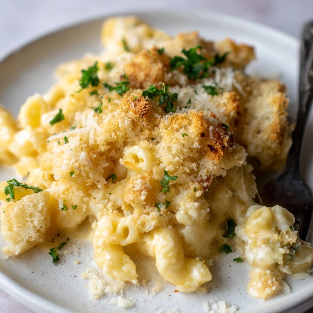 Homemade Mac and Cheese Sourdough Skillet: creamy pasta under crispy, buttery breadcrumbs.