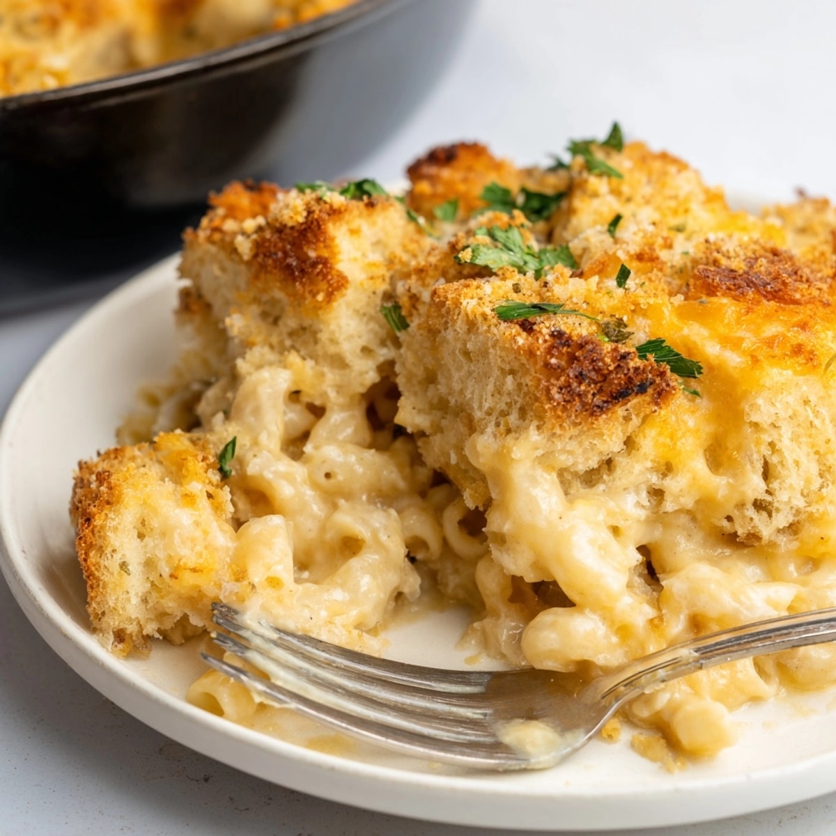Classic comfort food: close-up of a warm, cheesy Mac and Cheese Sourdough Skillet.
