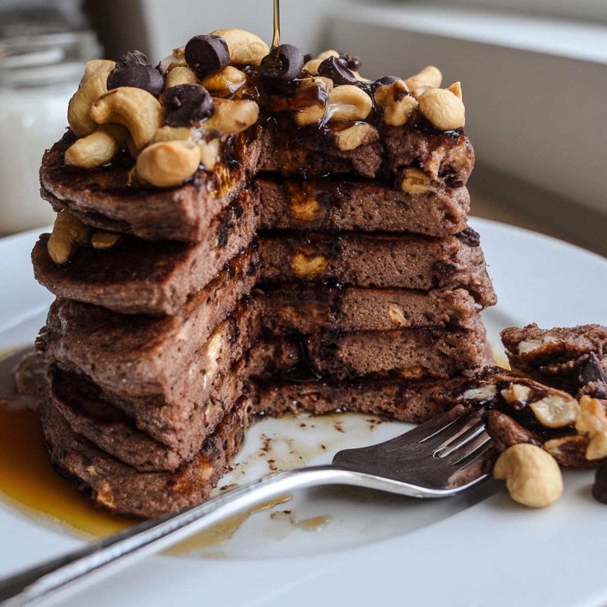 Stack of Protein Chocolate Cashew Pancakes, glistening and topped with crunchy nuts.