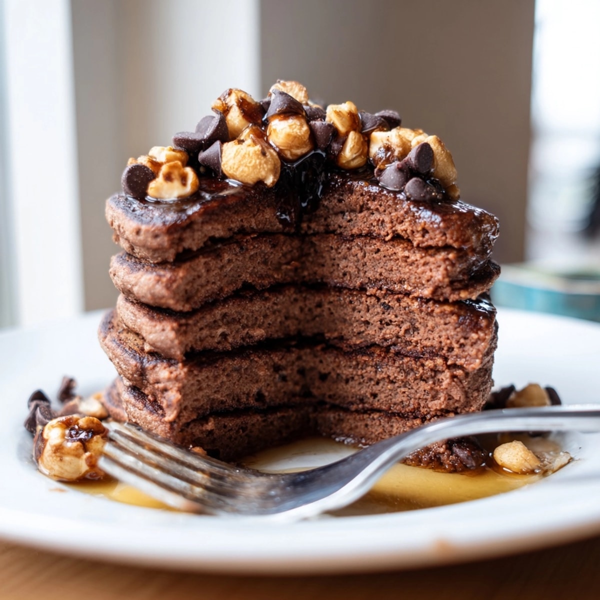 Enjoy homemade Protein Chocolate Cashew Pancakes, a quick and healthy breakfast recipe.