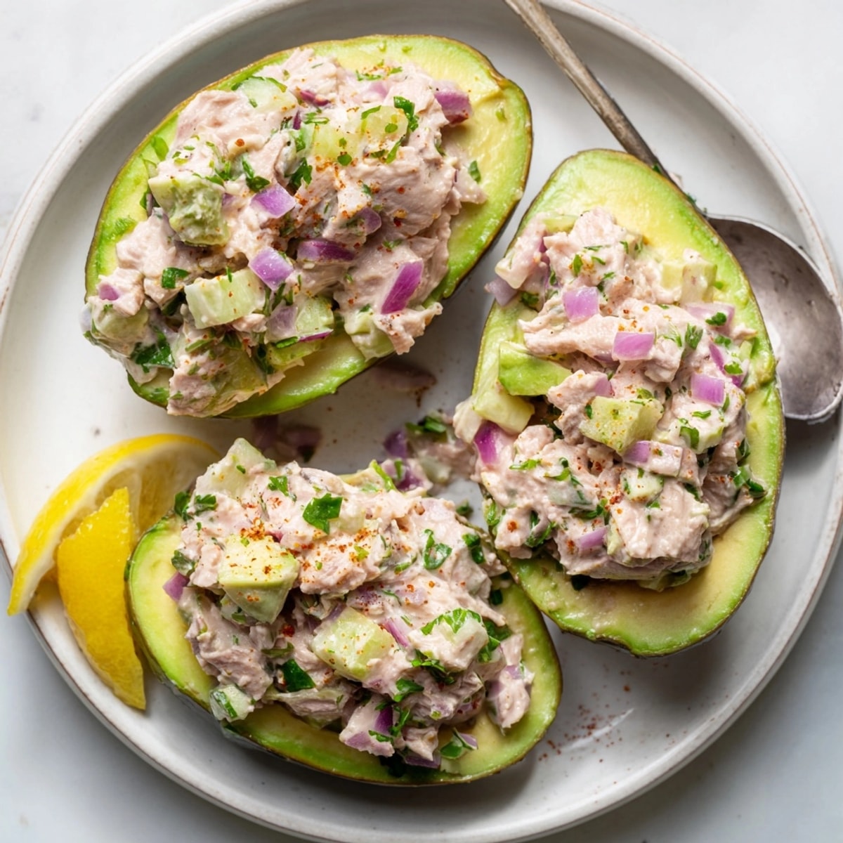 Creamy Avocado Tuna Salad Boats recipe: Tuna and mayo stuffed in ripe avocado.