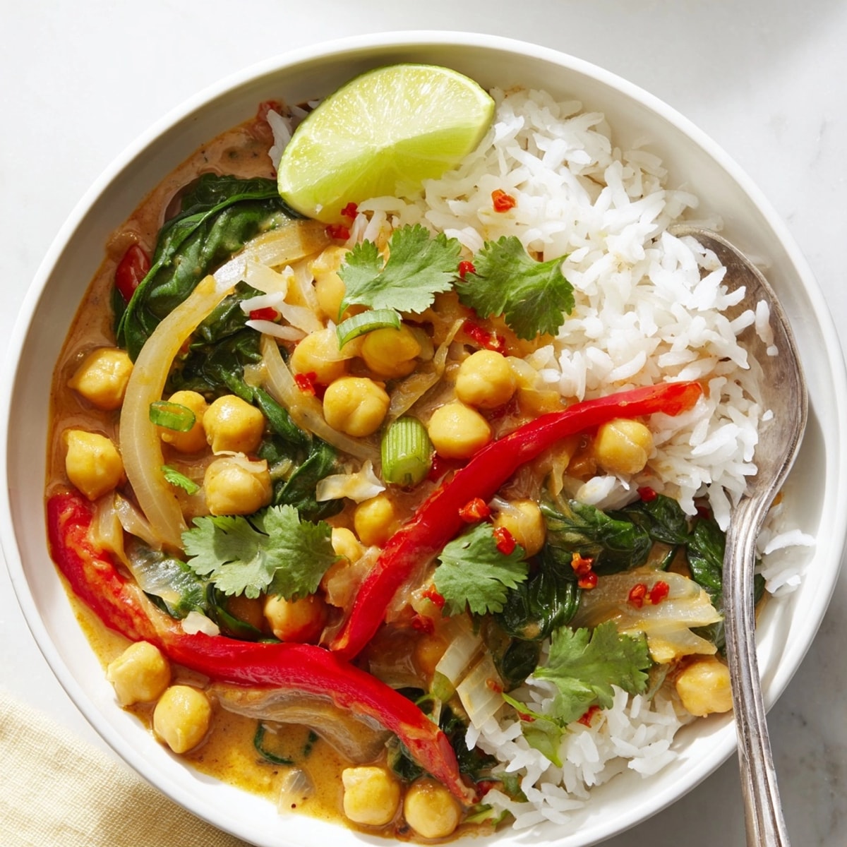 Creamy Thai Red Curry Chickpea Bowls, a flavorful, quick vegan weeknight dinner recipe.
