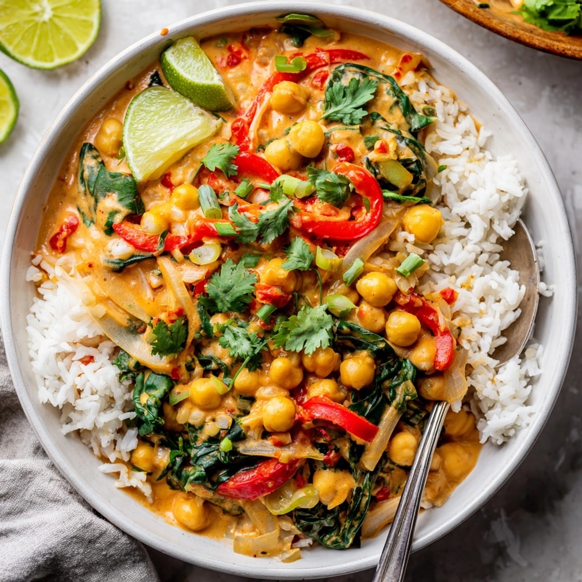 Vibrant Thai Red Curry Chickpea Bowls simmering, creating a fragrant, flavorful aromatic plant-based meal.