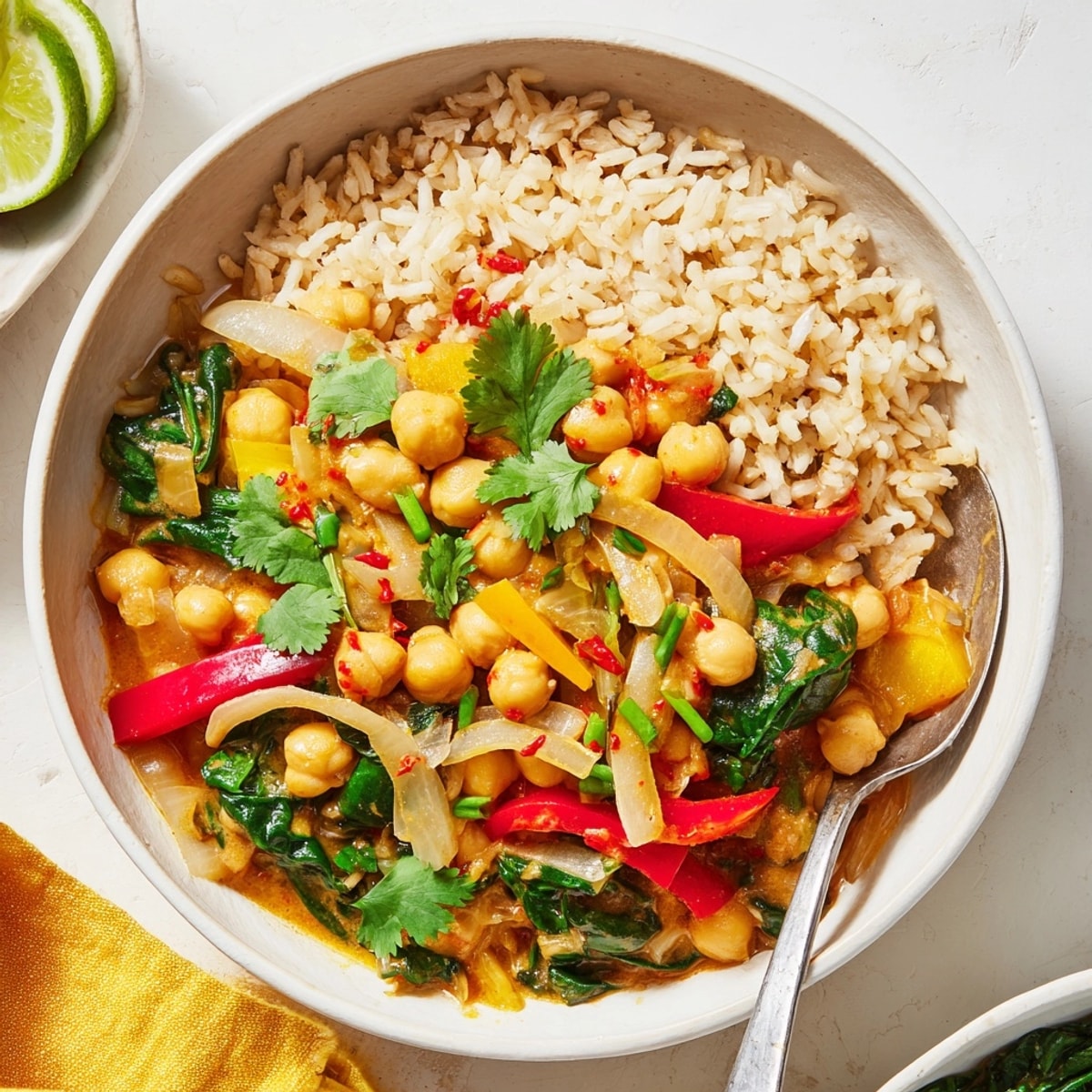 Golden Thai Red Curry Chickpea Bowls ladled over fluffy rice, garnished with fresh cilantro.